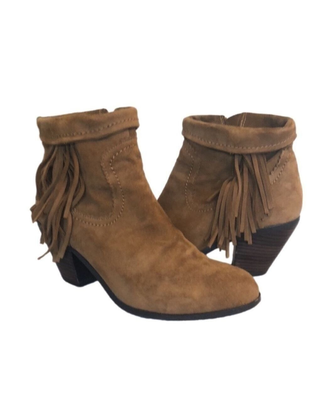 SAM Edelman “Louie” suede ankle boot size 8.5 fringe brown 3” stacked heel